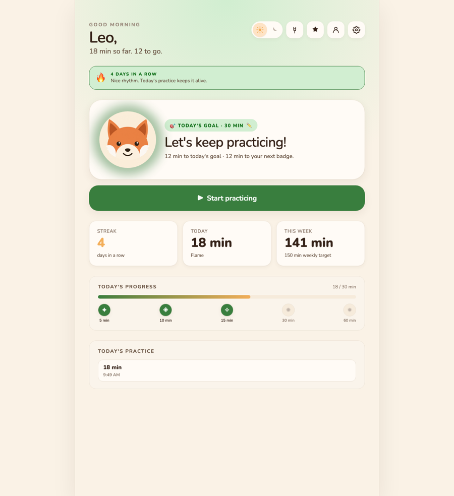 Violin Quest home screen with practice goal and start button