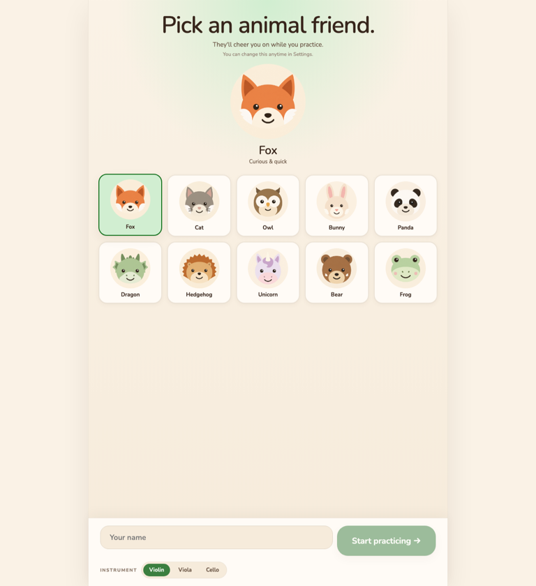 Choose an animal friend screen