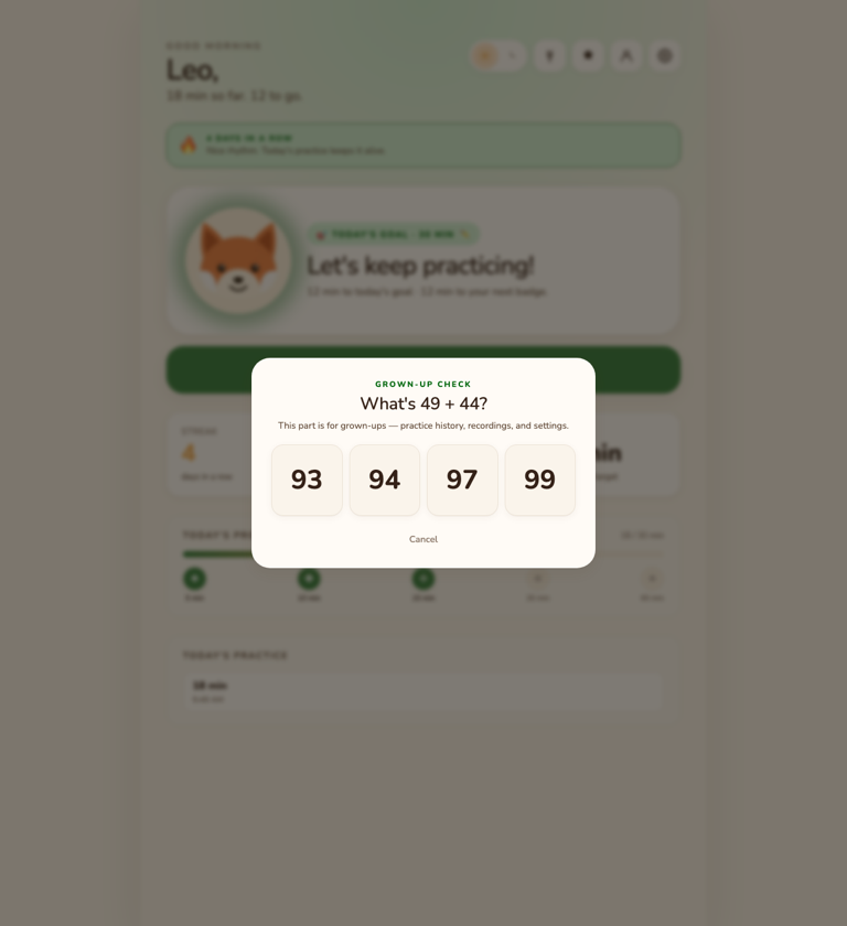 Parent gate math question screen